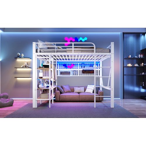 Lit Mezzanine Adulte 140x200 Cm Avec LED, Étagère Et Rangement, Penderie, Métal Blanc