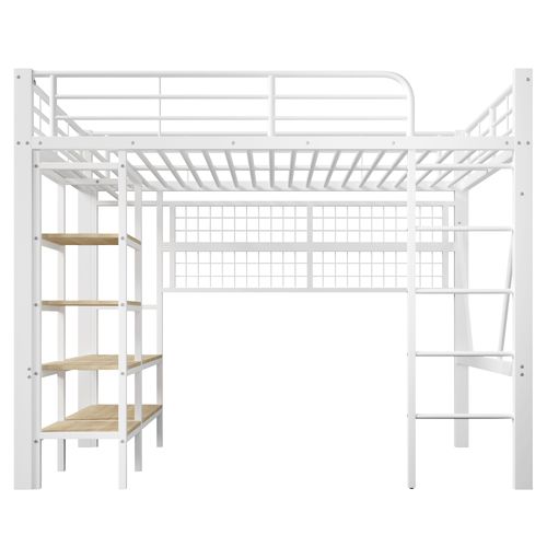Lit Mezzanine Adulte 140x200 Cm Avec LED, Étagère Et Rangement, Penderie, Métal Blanc