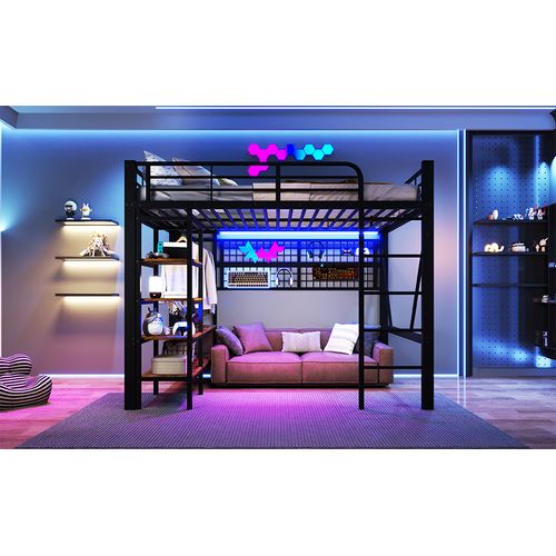 Lit Mezzanine Adulte 140x200 Cm En Métal Noir Avec LED, Penderie, Étagère Et Filet De Rangement