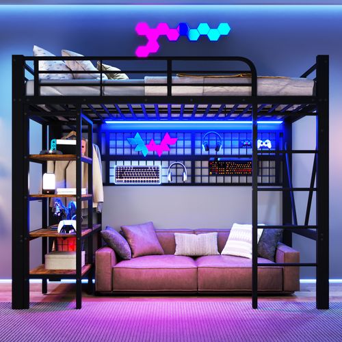 Lit Mezzanine Enfant 90x200 Cm Avec LED, Penderie, Étagère Et Filet De Rangement, En Métal Noir