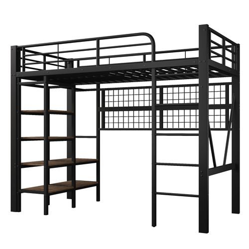Lit Mezzanine Enfant 90x200 Cm Avec LED, Penderie, Étagère Et Filet De Rangement, En Métal Noir