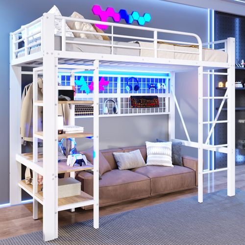 Lit Mezzanine LED 90x200 Cm Avec Penderie, Étagère Et Filet De Rangement, Métal Blanc