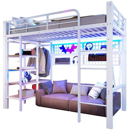 Lit Mezzanine LED 90x200 Cm Avec Penderie, Étagère Et Filet De Rangement, Métal Blanc