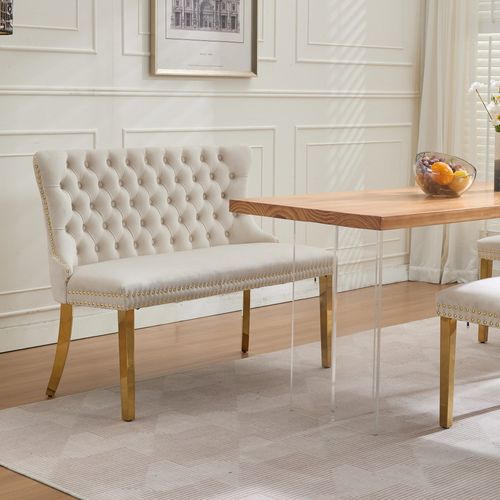 Banquette 2 Places Velours Beige, Pieds Métal Doré - Salle à Manger Et Salon