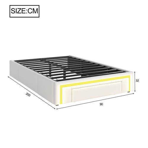 Lit Enfant LED 90x200 Cm Avec 2 Tiroirs De Rangement, Pu Blanc, Sommier à Lattes