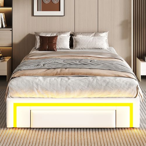 Lit Enfant LED 90x200 Cm Avec 2 Tiroirs De Rangement, Pu Blanc, Sommier à Lattes