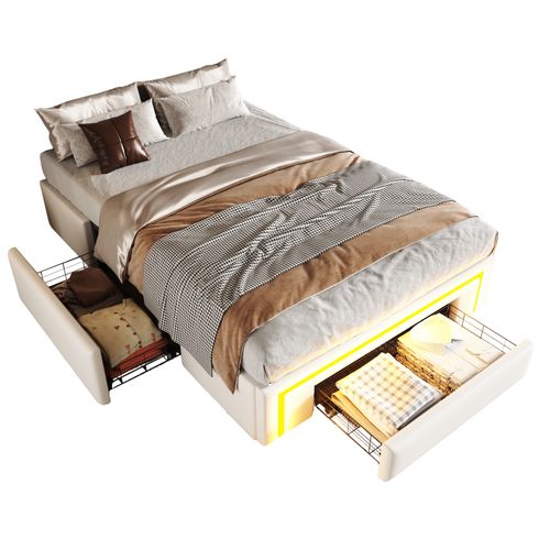 Lit Enfant LED 90x200 Cm Avec 2 Tiroirs De Rangement, Pu Blanc, Sommier à Lattes