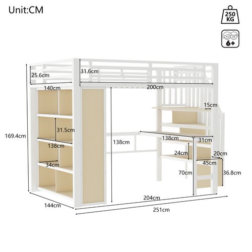 Lit Mezzanine Adulte 140x200 Cm En Métal Blanc, Bureau, Étagères, LED Et Escaliers Avec Rangements