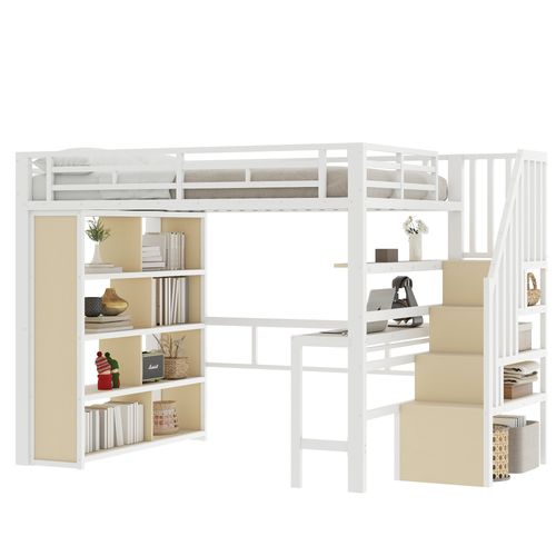 Lit Mezzanine Adulte 140x200 Cm En Métal Blanc, Bureau, Étagères, LED Et Escaliers Avec Rangements