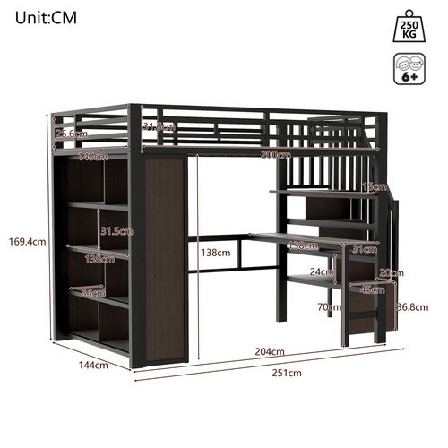 Lit Mezzanine Adulte 140x200 Cm Avec Bureau, Étagères, LED Et Rangements, En Métal Noir