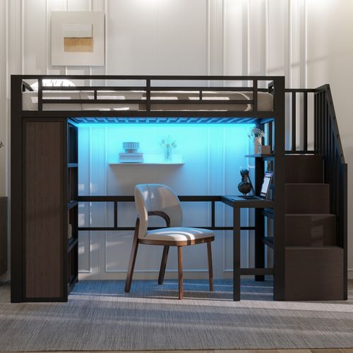 Lit Mezzanine Enfant 90x200 Cm En Métal Noir Avec Bureau Intégré, LED, Bibliothèque, Rangements