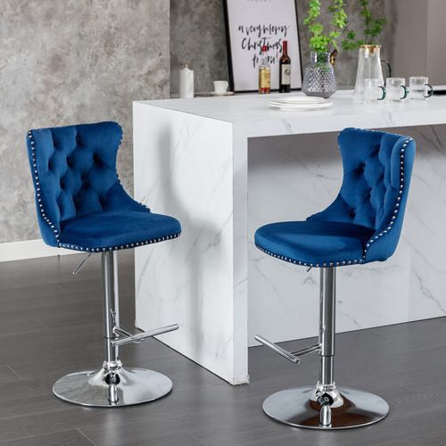 Lot De 2 Tabourets De Bar Velours Bleu Pivotants, Réglable 63–84 Cm, Base Métal