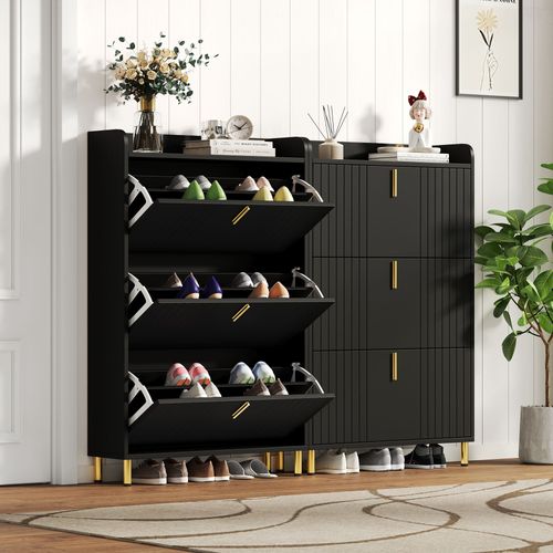 Lot De 2 Meubles à Chaussures Noirs Avec 3 Abattants 80x23x123,5 Cm, Base Métal Doré