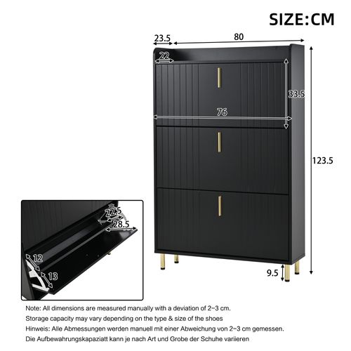 Meuble à Chaussures 3 Portes Mdf Noir Avec Pieds Et Poignées Métal Doré 80x23x123,5 Cm