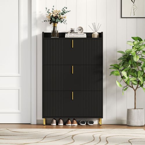 Meuble à Chaussures 3 Portes Mdf Noir Avec Pieds Et Poignées Métal Doré 80x23x123,5 Cm