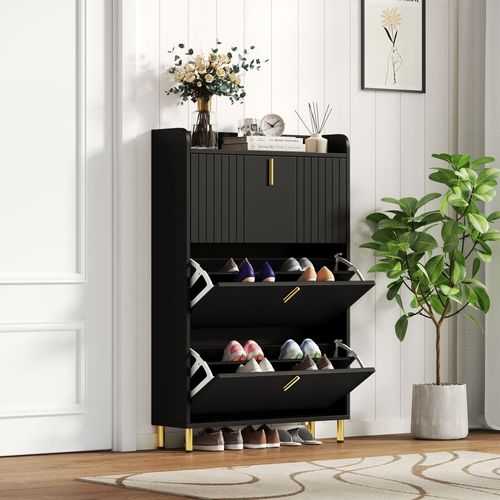 Meuble à Chaussures 3 Portes Mdf Noir Avec Pieds Et Poignées Métal Doré 80x23x123,5 Cm