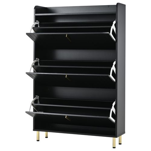 Meuble à Chaussures 3 Portes Mdf Noir Avec Pieds Et Poignées Métal Doré 80x23x123,5 Cm