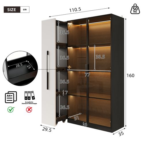 Vitrine LED 160 Cm Noir Avec 2 Porte Vitrée Et Rangement Caché à Vin, Salon Et Salle à Manger