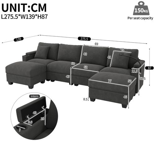 Canapé D’angle 6 Places Modulable Avec 2 Poufs Et Rangement, Velours Côtelé Gris