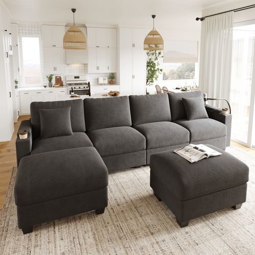 Canapé D’angle 6 Places Modulable Avec 2 Poufs Et Rangement, Velours Côtelé Gris