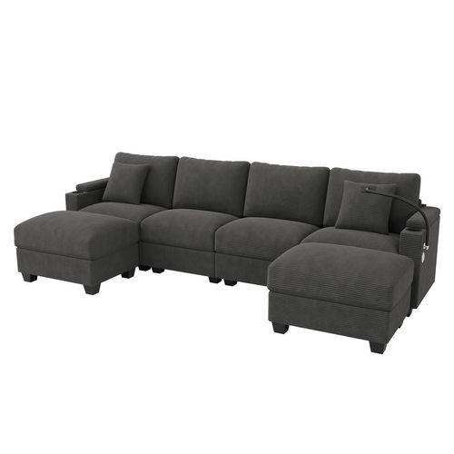 Canapé D’angle 6 Places Modulable Avec 2 Poufs Et Rangement, Velours Côtelé Gris