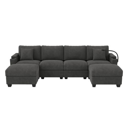 Canapé D’angle 6 Places Modulable Avec 2 Poufs Et Rangement, Velours Côtelé Gris