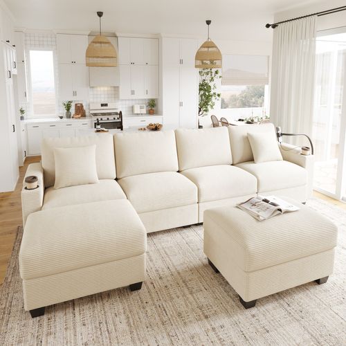 Canapé D’angle 6 Places Modulable En U Avec Ports USB/type-c Et Rangements, Tissu Côtelé Beige