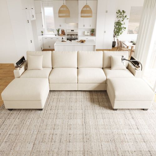 Canapé D’angle 6 Places Modulable En U Avec Ports USB/type-c Et Rangements, Tissu Côtelé Beige