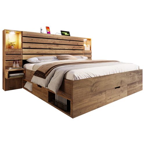 Lit Adulte 180x200 Cm Bois Chêne Avec LED, 3 Tiroirs, Tables De Chevet, LED Et Ports USB/type-c