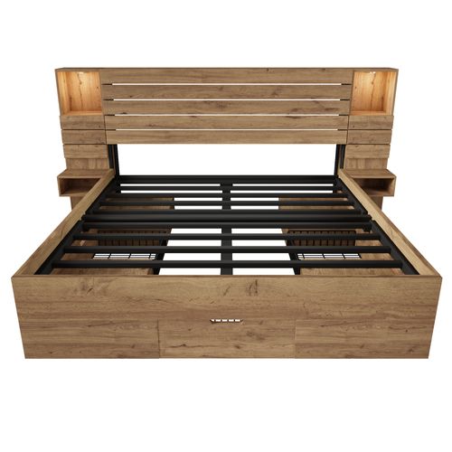 Lit Adulte 180x200 Cm Bois Chêne Avec LED, 3 Tiroirs, Tables De Chevet, LED Et Ports USB/type-c
