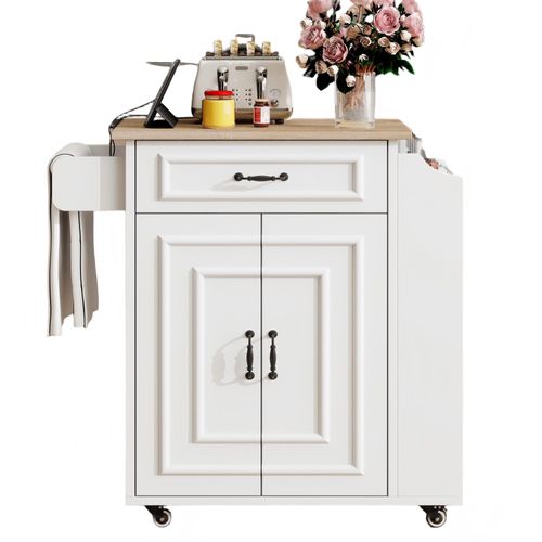 Desserte, Îlot De Cuisine à Roulettes 66x60x90 Cm Blanc Avec Plan Pliant, Tiroir Et 2 Portes