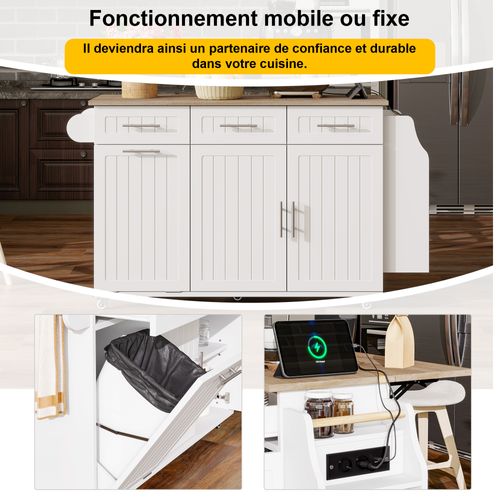 Desserte, Îlot De Cuisine Mobile 120×40(70)×90 Cm Avec Prises USB, Rangements Et Roulettes, Blanc