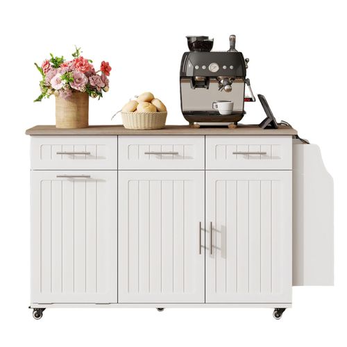 Desserte, Îlot De Cuisine Mobile 120×40(70)×90 Cm Avec Prises USB, Rangements Et Roulettes, Blanc