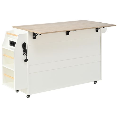 Desserte, Îlot De Cuisine Mobile 120×40(70)×90 Cm Avec Prises USB, Rangements Et Roulettes, Blanc