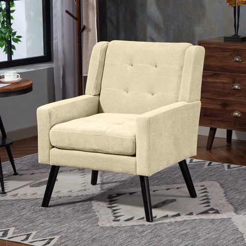 Fauteuil Compact En Tissu Lin Beige, Pieds En Bois, Salon, Chambre Et Bureau