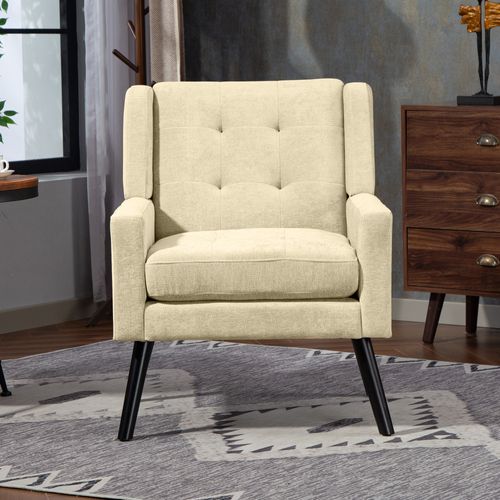 Fauteuil Compact En Tissu Lin Beige, Pieds En Bois, Salon, Chambre Et Bureau
