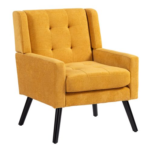 Fauteuil Compact En Tissu Lin Jaune, Pieds En Bois, Salon, Chambre Et Bureau