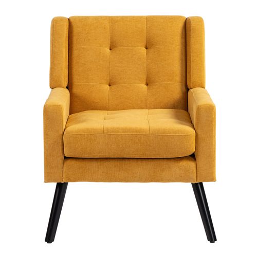 Fauteuil Compact En Tissu Lin Jaune, Pieds En Bois, Salon, Chambre Et Bureau