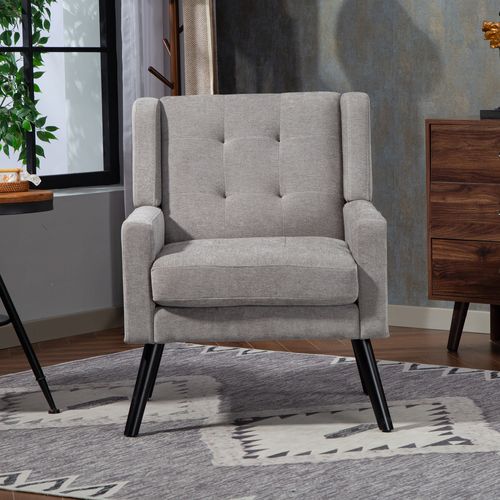 Fauteuil Compact En Tissu Lin Gris Clair, Pieds En Bois, Salon, Chambre Et Bureau