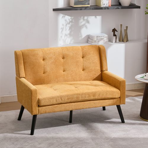 Banquette, Canapé 2 Places En Lin Jaune, Pieds En Bois Antidérapants