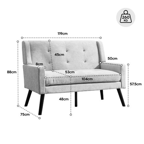 Banquette, Canapé 2 Places En Lin Gris Clair, Pieds En Bois Antidérapants