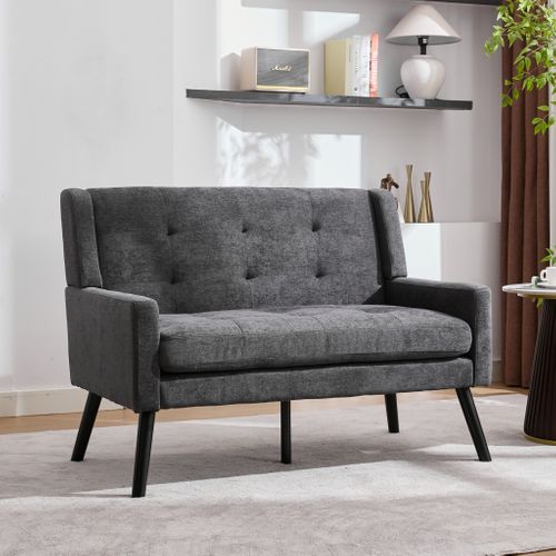 Banquette, Canapé 2 Places En Lin Gris Foncé, Pieds En Bois Antidérapants