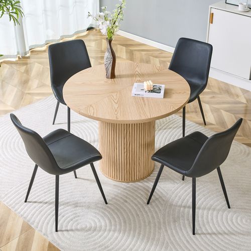 Ensemble Table à Manger Ronde 100 Cm Bois Et 4 Chaises Pu Noir