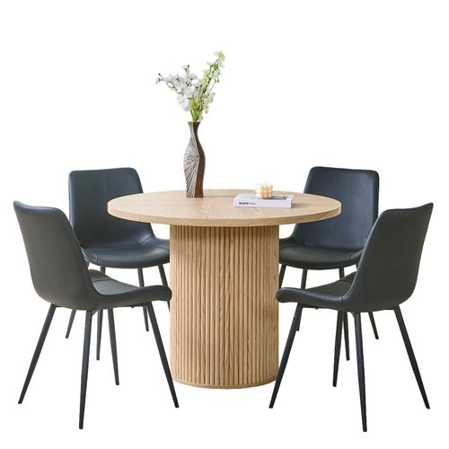 Ensemble Table à Manger Ronde 100 Cm Bois Et 4 Chaises Pu Noir