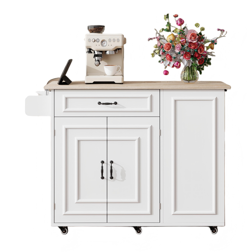 Desserte, Îlot De Cuisine Mobile Avec Prise Et Rangements, Blanc Et Plan Rabattant Finition Bois