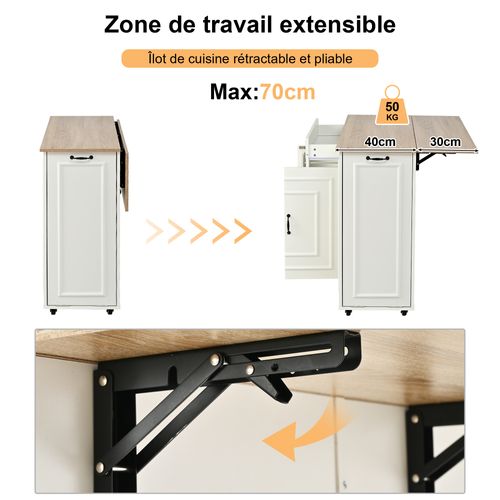 Desserte, Îlot De Cuisine Mobile Avec Prise Et Rangements, Blanc Et Plan Rabattant Finition Bois