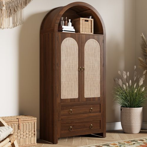 Buffet Bibliothèque Haut.180 Cm Bois Foncé Avec Portes En Rotin, 2 Tiroirs Et Crochets