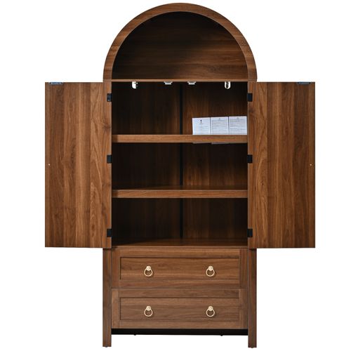 Buffet Bibliothèque Haut.180 Cm Bois Foncé Avec Portes En Rotin, 2 Tiroirs Et Crochets