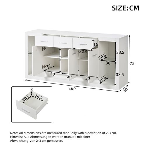 Buffet Blanc LED 160 Cm Avec Étagères Réglables, Rangements, 3 Tiroirs Et 3 Portes - Salon/cuisine