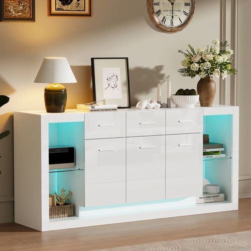 Buffet Blanc LED 160 Cm Avec Étagères Réglables, Rangements, 3 Tiroirs Et 3 Portes - Salon/cuisine